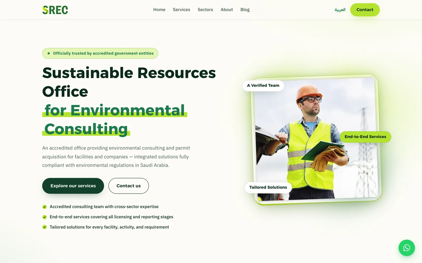 SREC homepage: “Sustainable Resources Office for Environmental Consulting” with a field engineer photo.