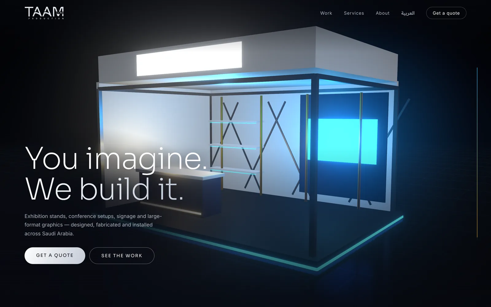 TAAM Line Production homepage: a lit 3D exhibition stand behind the headline “You imagine. We build it.”